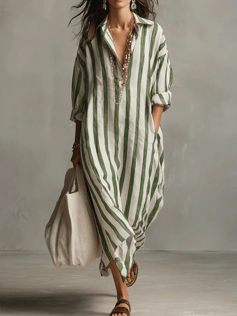 Relaxed Striped Linen Maxi Dress with Collar and Long Sleeves