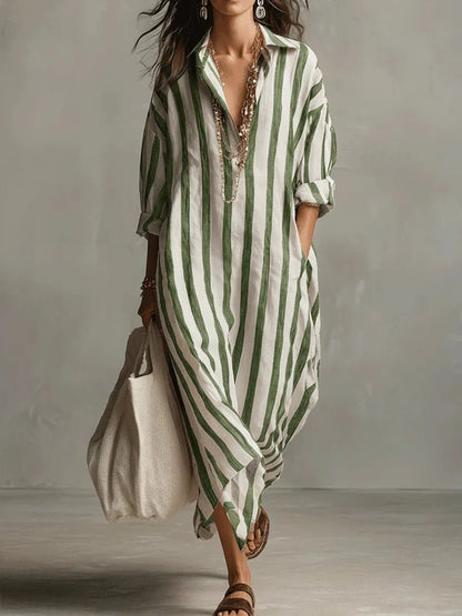 Relaxed Striped Linen Maxi Dress with Collar and Long Sleeves