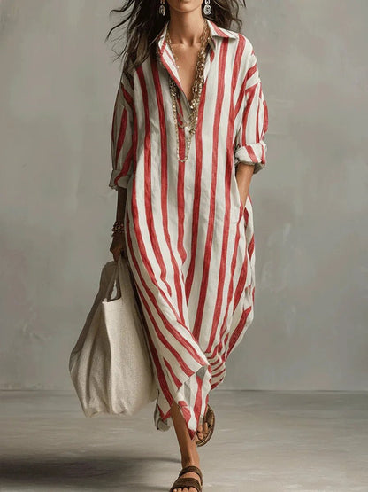 Relaxed Striped Linen Maxi Dress with Collar and Long Sleeves