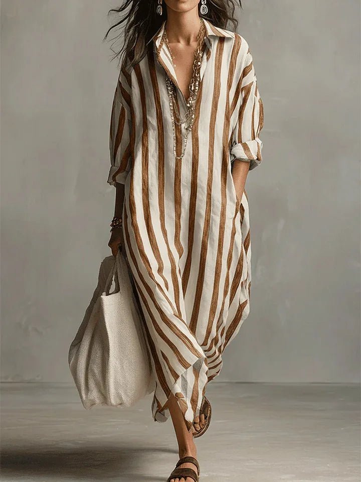 Relaxed Striped Linen Maxi Dress with Collar and Long Sleeves