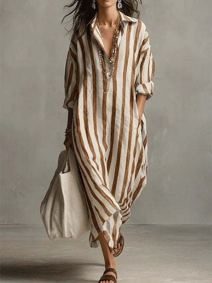 Relaxed Striped Linen Maxi Dress with Collar and Long Sleeves