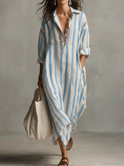 Relaxed Striped Linen Maxi Dress with Collar and Long Sleeves