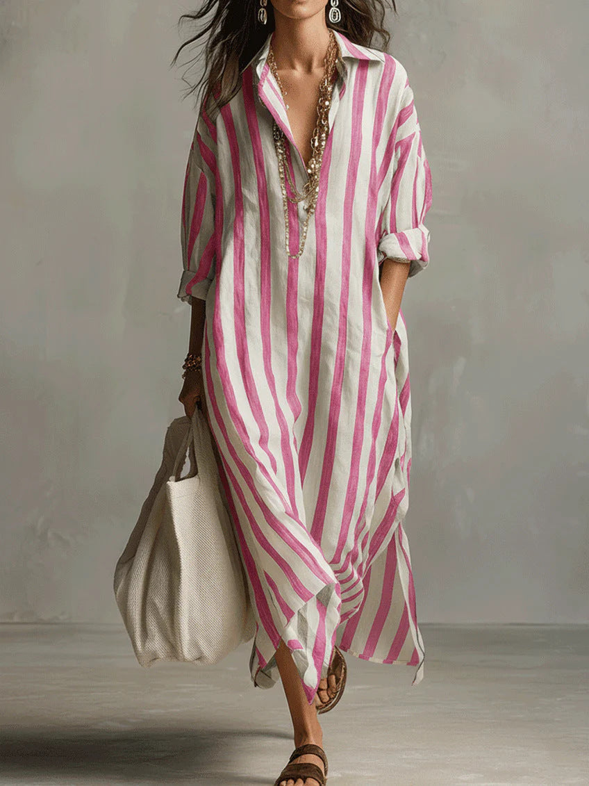 Relaxed Striped Linen Maxi Dress with Collar and Long Sleeves