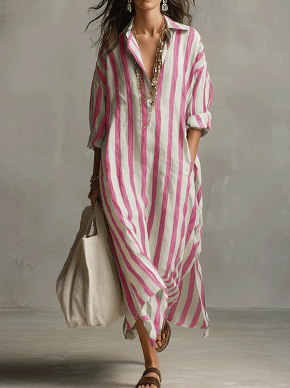Relaxed Striped Linen Maxi Dress with Collar and Long Sleeves