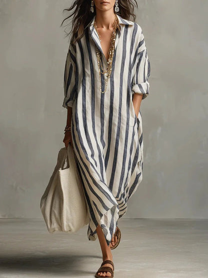Relaxed Striped Linen Maxi Dress with Collar and Long Sleeves