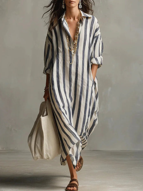 Relaxed Striped Linen Maxi Dress with Collar and Long Sleeves