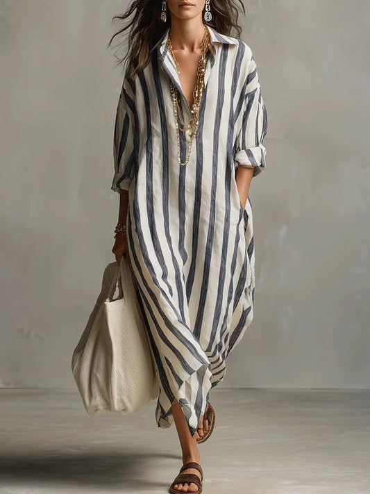 Relaxed Striped Linen Maxi Dress with Collar and Long Sleeves