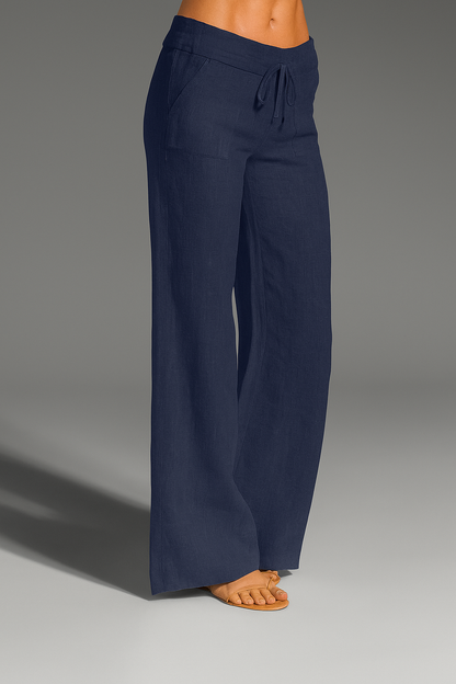 Relaxed Wide Leg Linen Trousers with Drawstring Waist