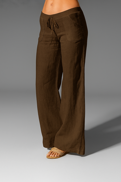 Relaxed Wide Leg Linen Trousers with Drawstring Waist