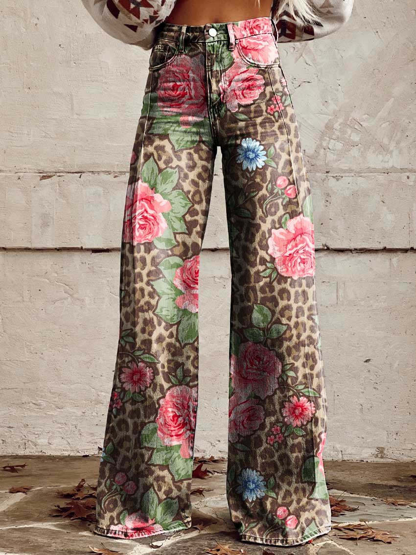 Retro Printed Trousers with High Waist and Full Length Flare
