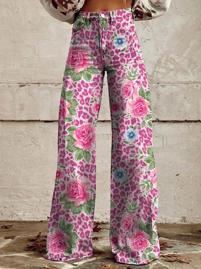 Retro Printed Trousers with High Waist and Full Length Flare