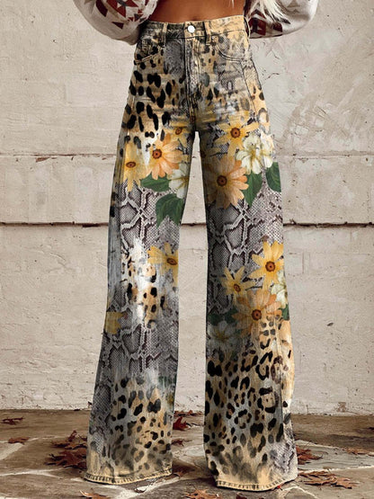 Retro Printed Trousers with High Waist and Full Length Flare