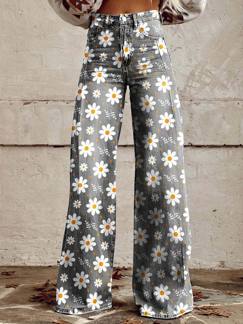 Retro Printed Trousers with High Waist and Full Length Flare