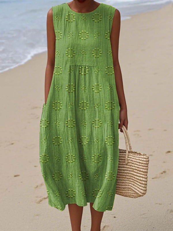 Sleeveless Midi Dress with Round Neck and Relaxed Fit
