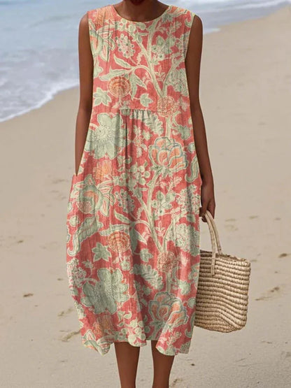 Sleeveless Midi Dress with Round Neck and Relaxed Fit