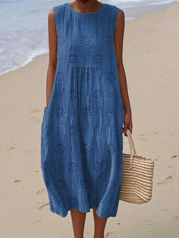 Sleeveless Midi Dress with Round Neck and Relaxed Fit