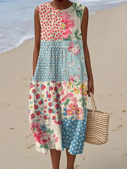 Sleeveless Midi Dress with Round Neck and Relaxed Fit